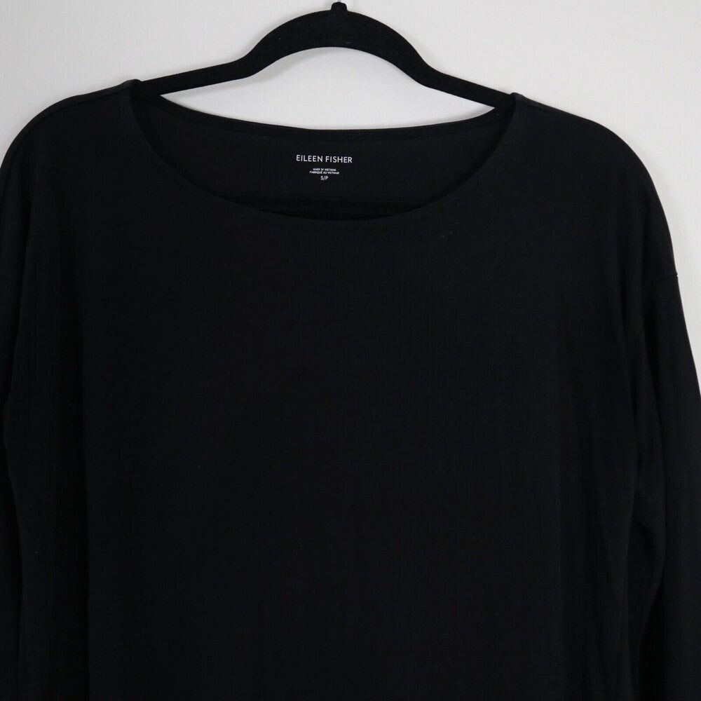 Eileen Fisher Size S Tencel Interlock Ballet Neck Top Slit High Low Hem Black - Picture 3 of 12